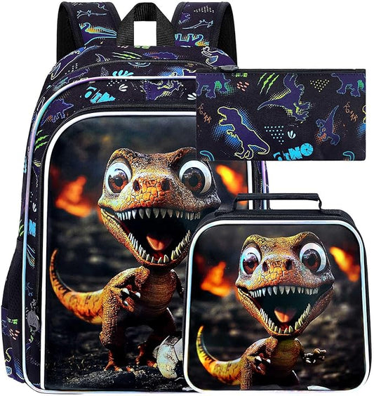 16" Dinosaur Backpack for Boy, 3Pcs Soccer Bookbag for Elementary Preschool Kindergarten, Kids School Backpacks with Lunch Box (Black)