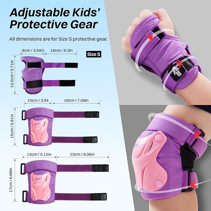 ZIFFY Knee Pads for Kids, Adjustable Knee and Elbow Pads Set with Wrist Guard, Protective Gear for Boys Girls Skateboard Roller Skating Cycling Bike – 2 Sizes, 4 Colors by Jova