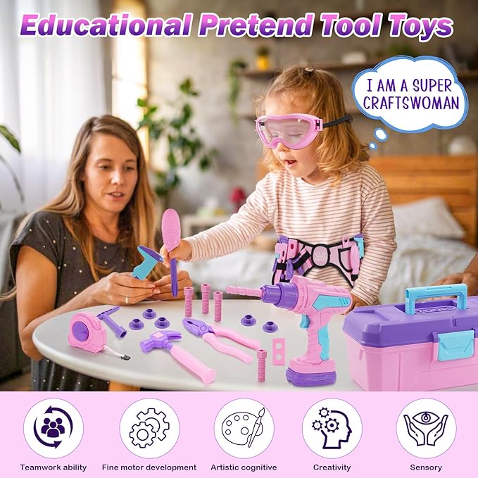 Kids Tool Set, 67 PCS Pink Kids Tool Box for Girls, Electronic Toy Drill&Tape Measure, Pretend Play Girls Toys Construction Tools Kit & Belt, Christmas Birthday Gift Ideas Toddler Tool Set Age 3 4 5+