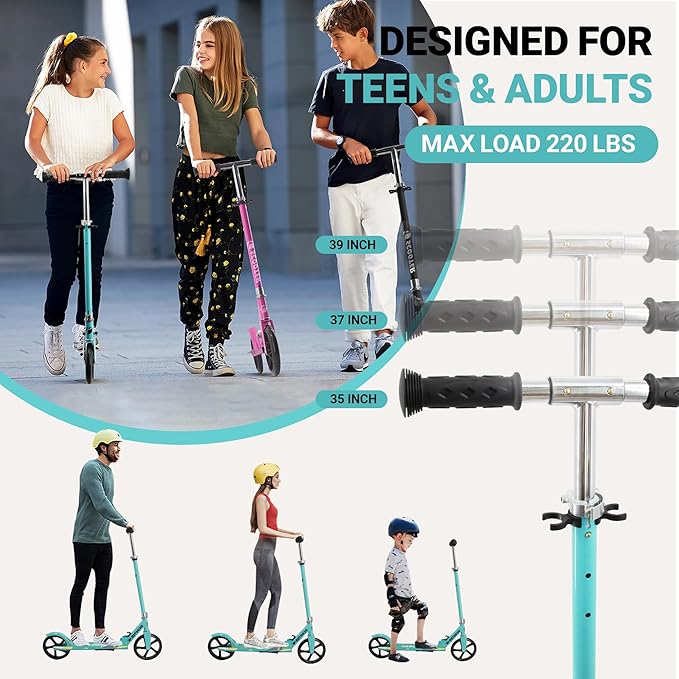 Kick Scooter for Ages 6+, Kids, Teens & Adults. Max Load 240 LBS. 8IN Big Wheels for Kids, Teens & Adults, 3 Adjustable Levels
