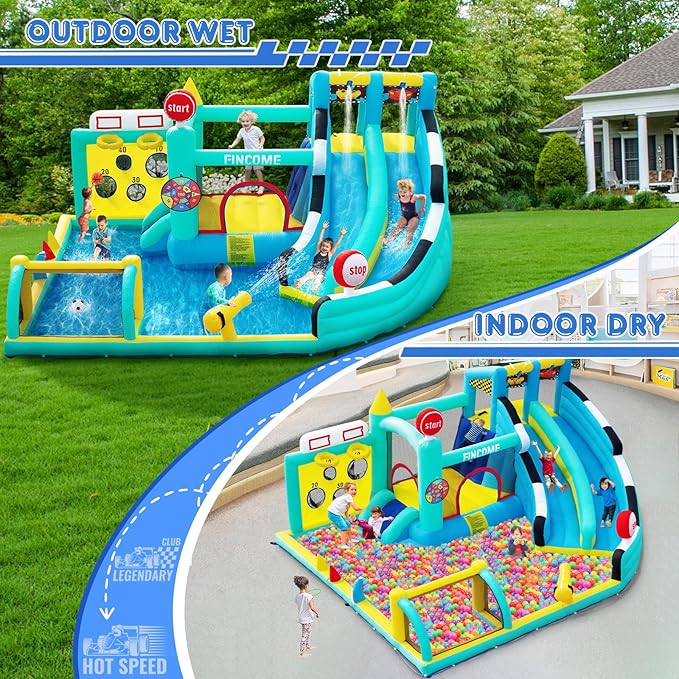 Bounce House Double Slides for Kids 3-10, Large Bounce Castle with Air Blower 550W, Pool, Jumping, Climbing, Balls, Ring Toss, Inflatable Water Park for Birthday Party Holiday Outdoor Indoor