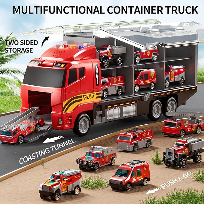 Toddler Boys Toys for 3-5 Years Old, Fire Truck Vehicle Set with Play Mat and Die-Cast Toy Car, Transport Carrier Truck for Kids 3-5, Birthday Gifts Toys for 3-8+ Year Old Boys