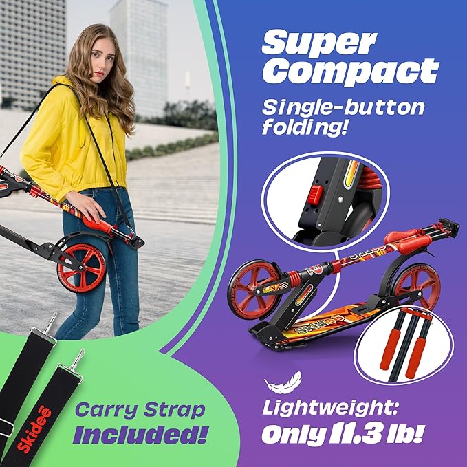 Skidee Adult & Teen Scooter Adjustable Height, Folding, Large Wheels, Lightweight, Durable, Anti-Shock Suspension, Up to 220 lbs
