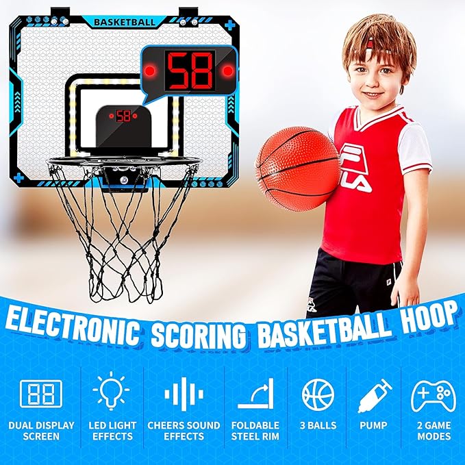 BATURU Mini Basketball Hoop Indoor for Kids – Over The Door Basketball Hoop with LED Scoreboard, Lights, Sound – Sports Gifts Toys for Boys Ages 5-12
