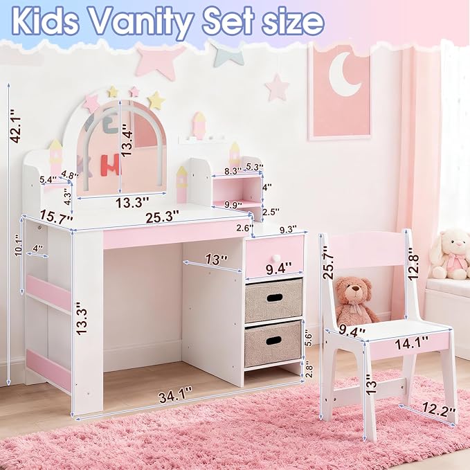 Karl home Kids Vanity Set with Lighted Mirror and Stool, Princess Makeup Vanity Desk with Bookshelf & Drawers, Toddler Dressing Table and Chair Set with Storage Shelves for Little Girls, White