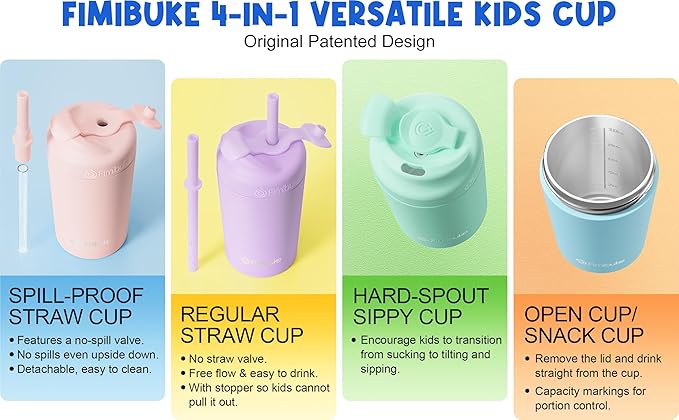 Fimibuke Kids & Toddler Cups, 10 OZ Spill Proof Straw Cups for Toddlers, 2 Pack Leak-Proof Kid Insulated Tumbler with Screw-On Lid & Silicone Straw with Stopper, Stainless Steel Sippy Cup for Girl Boy