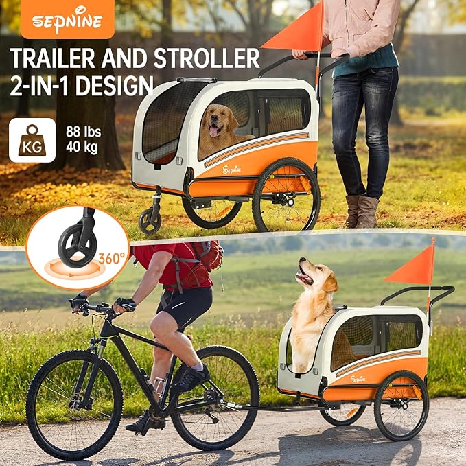 Sepnine Dog Bike Trailer, Supports up to 88 lbs, 2-in-1 Pet Stroller Cart Bicycle Carrier, Easy Folding Cart Frame with Quick Release Wheels, Universal Bicycle Coupler, Non-Slip Floor, Internal Leash
