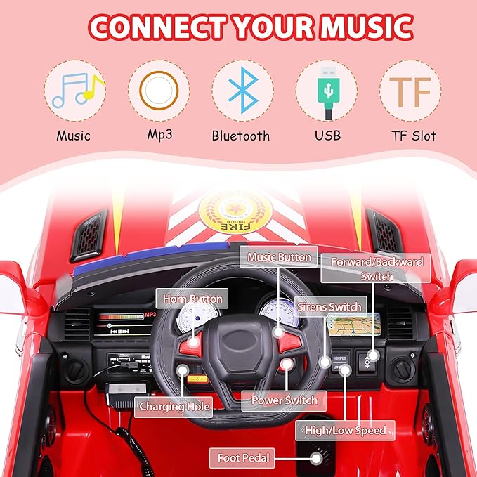 TOBBI Fire Truck Ride on Toys 12V Fire Engine Giant Firetrucks Firefighter Fireman Ride On Car with Remote Control, Siren-Call, Walkie-Talkies, Bluetooth for Toddlers, Red