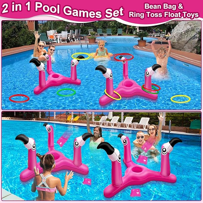 2 Pack Inflatable Flamingo Pool Toys Games Set, 2-in-1 Floating Pool Rings Toss & Cornhole Summer Swimming Luau Party Decor Hawaii Beach Toy Luau Party Games Supplies for Kids Adults Family