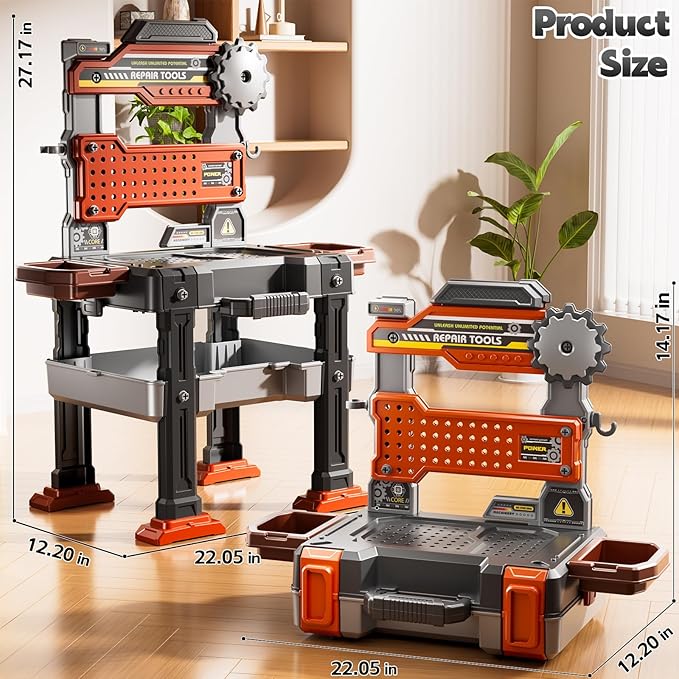 2 in 1 Workbench Tools Toys Set with Sound for Toddlers Aged 3-5, 145 PCS Educational Construction Mechanic Toolbox for Boys Girls, Pretend Play Toys Birthday Gift for Kids 3 4 5 6 Years Old