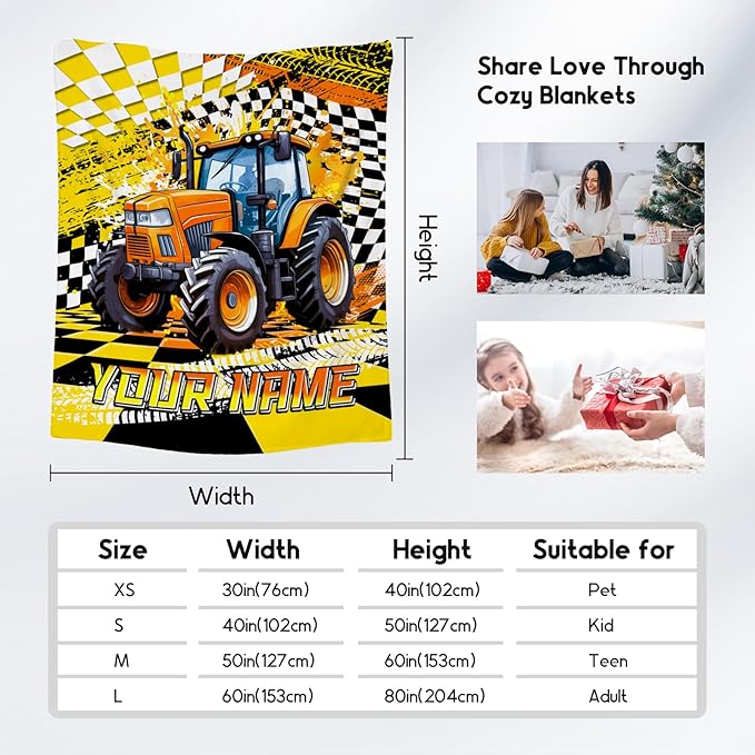Custom Boys Blanket, Tractor Blankets for Kids Age 6-8, Personalized Car Gifts with Name, Cozy Fleece Throw for Couch & Sofa, 30"x40"