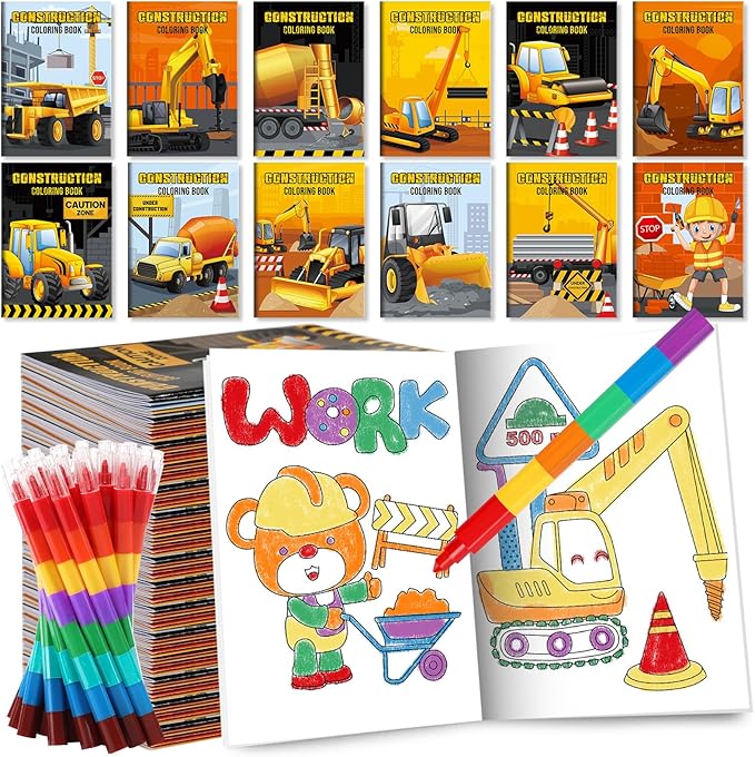 BenLouis 12 Construction Mini Coloring Books Kids with 12 Stacking Crayons Excavator Theme Party Favors Small Activity Books Bulk for Kids Construction Birthday Party Gift Goodie Bag Stuffers