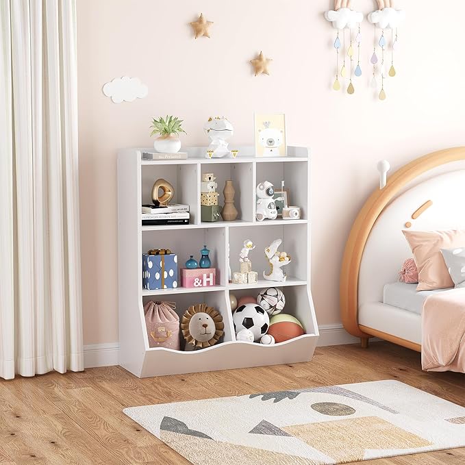 GarveeHome White Toy Storage Cabinet, Three-Tier Kids Bookshelf and Bookcase for Storage Books and Toys, Multi Shelf with Cubby Organizer for Bedroom and Playroom