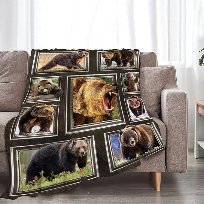Bear Blanket Fleece Soft Warm Plush Wild Animal Throw Blankets Lightweight Plush Fuzzy Cozy Brown Bear Blanket Gifts for Kids Adults Suitable for Couch Sofa Bed 60"X50"