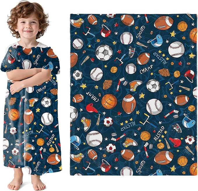 Wajade Sports Blanket for Boys,Soft Fleece 3D Soccer Basketball Baseball Football Kids Blanket for Couch Sofa Bedroom, Fuzzy Ball Throws for Kids Boys Teens,50"x60"