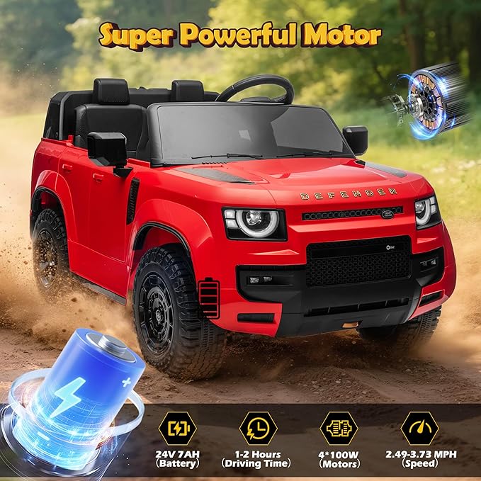 24V Licensed Land Rover 2 Seater Ride on Car for Kids, Battery Powered Electric Car Ride on Vehicle with Parent Remote Control, LED Light, Spring Suspension, Suitable for Aged 3-8, Red
