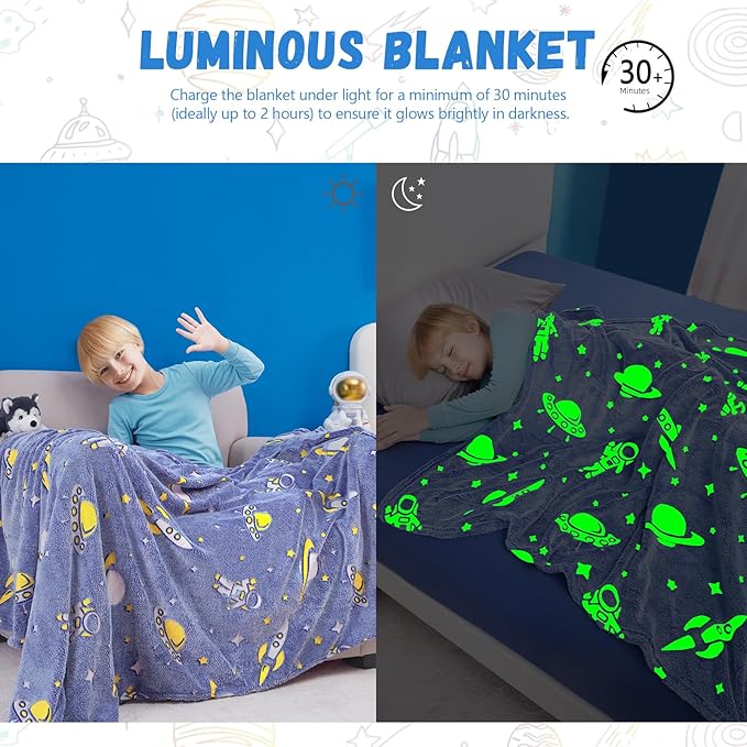 Astronauts Gifts Toys for Boys Kids, Glow in The Dark Astronauts Blanket,Birthday Presents Decor for Kids Age 3-14 Year Old Son Teen Child Toddler Luminous Christmas Bedroom Blanket 50"x60"