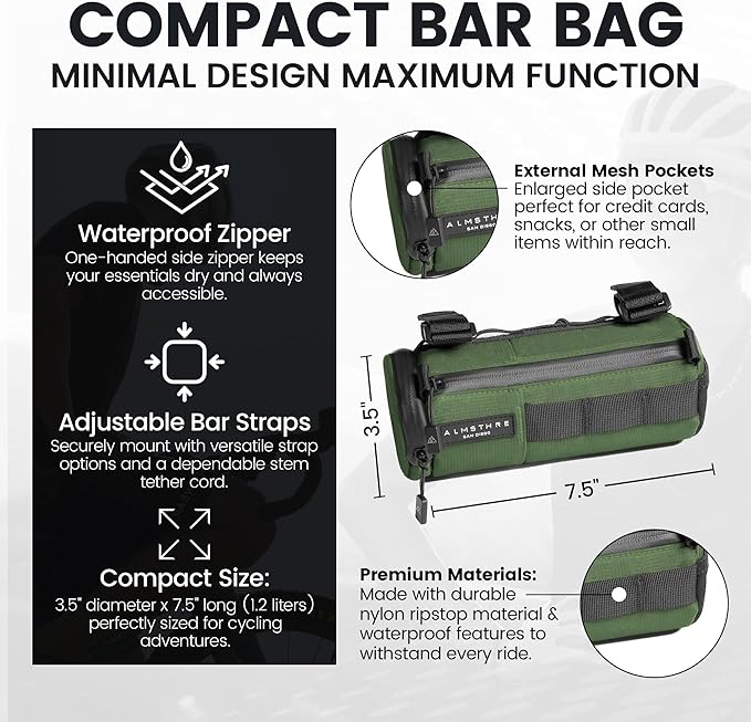 Compact Bar Bag – Hunter Green | Hard-Shell Bike Handlebar Bag with Waterproof Zipper & Adjustable Straps | Lightweight Bicycle Handlebar Bag, Compatible with Road, Gravel & MTB Bikes