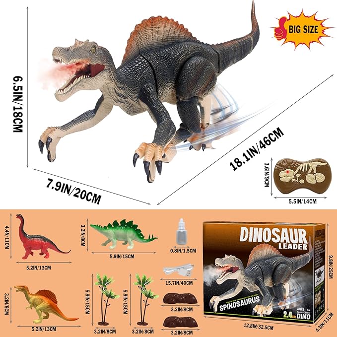 Remote Control Dinosaur Toys for Boys Electronic RC Spray Raptor Toy Walking Roaring Jurassic Spinosaurus Realistic 18.1" Dino Rechargeable Birthday Gift for Kids 3 4 5 6 7 8