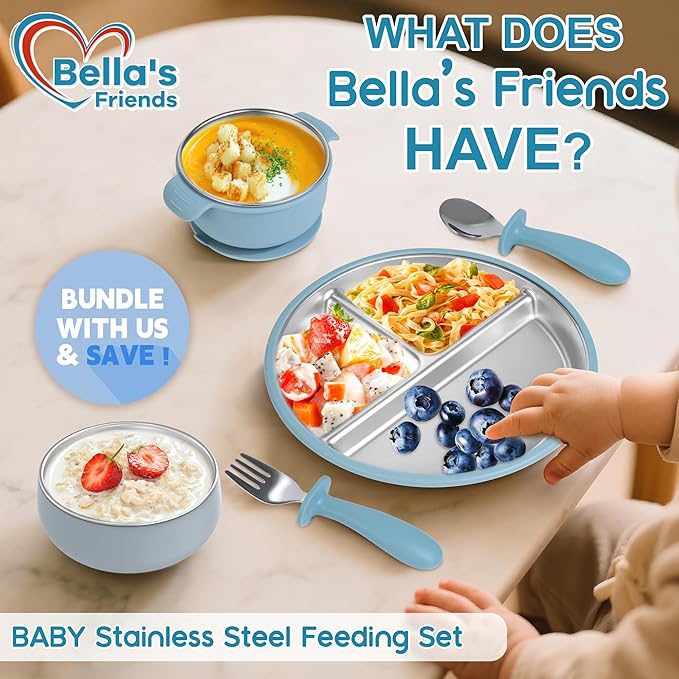 Bella's Friends Baby Feeding Set, 2 Pack Stainless Steel Divided Plate with Silicone Suction, 2 Set Spoons and Forks, BPA Free, Dishwasher Safe, Baby Led Weaning Supplies, Toddler Utensils, gray blue