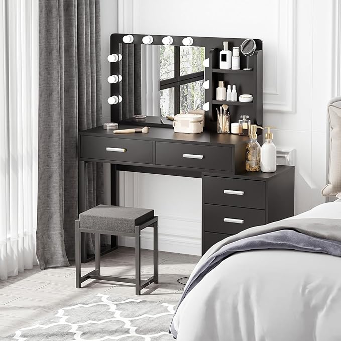 Makeup Vanity Desk with Lights,Vanity with Lighted Mirror,3 Lighting Modes Adjustable,Vanity Desk with 5 Storage Drawers,Vanity Set with Bench