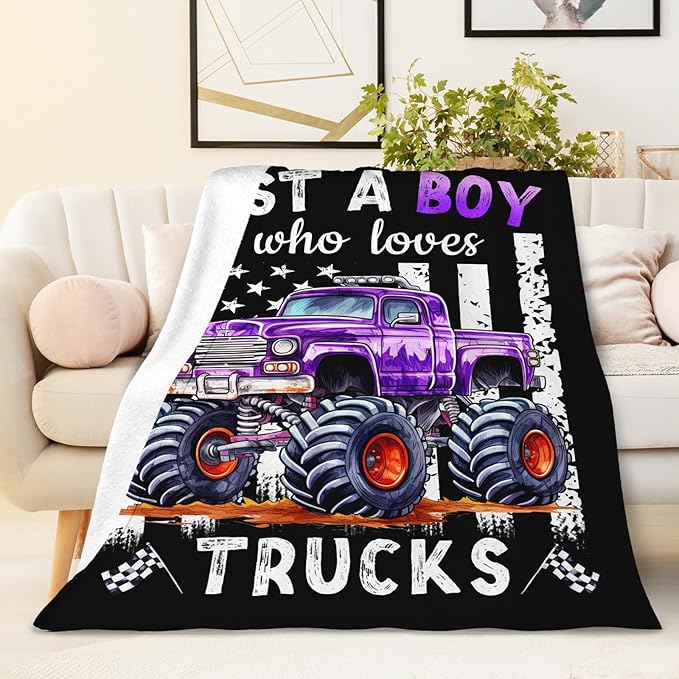Boys Blanket for Kids Truck Lovers - 30x40 Inches Cute Truck Throw Blanket Gifts - Black Soft Fuzzy Car Blankets for Lap Couch Bed Travel