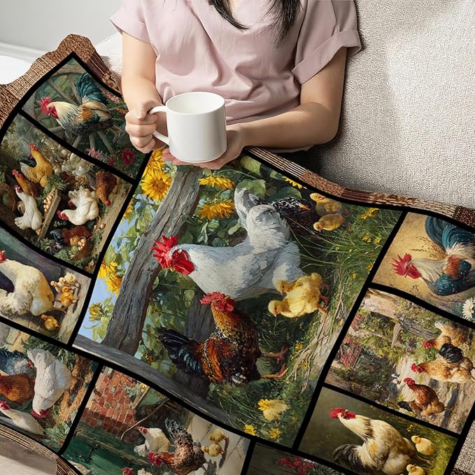 Farmhouse Rooster Throw Blanket Ultra Soft Farm Country Chicken Flannel Blanket Lightweight Cozy Blankets Gift for Women Men Couch Sofa Bed 50" x 40"