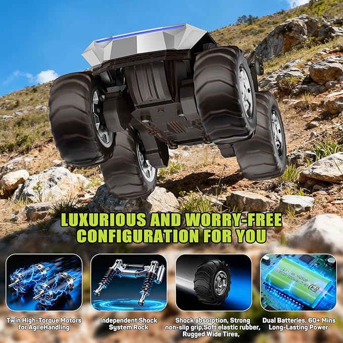 1:16 RC Truck Remote Control Car, 4WD Waterproof Amphibious RC Car All Terrain Pickup,TIME4DEALS 2.4GHz Remote Monster Truck with 360° Rotating Standing Stunt Toy Truck for Kids Boys 6 7 8 9 10 11 12+