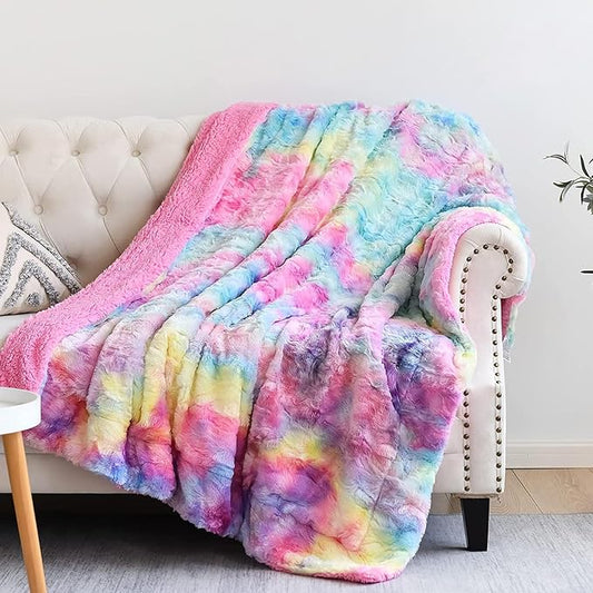 NEWCOSPLAY Super Soft Faux Fur Blanket Twin Size Dark Rainbow Sherpa Fuzzy Plush Warm Blanket for Sofa Bed (Dark Rainbow, Twin(60"x80"))