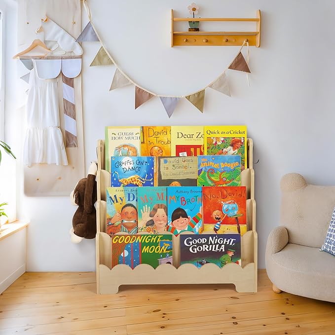 Kids Bookshelf Wooden 4-Tier, Scalloped Book Shelf for Kids Rooms, Front Facing Toddler Montessori Bookshelf, Baby Nursery Book Shelves Kid Classroom Book Shelf Bookcase