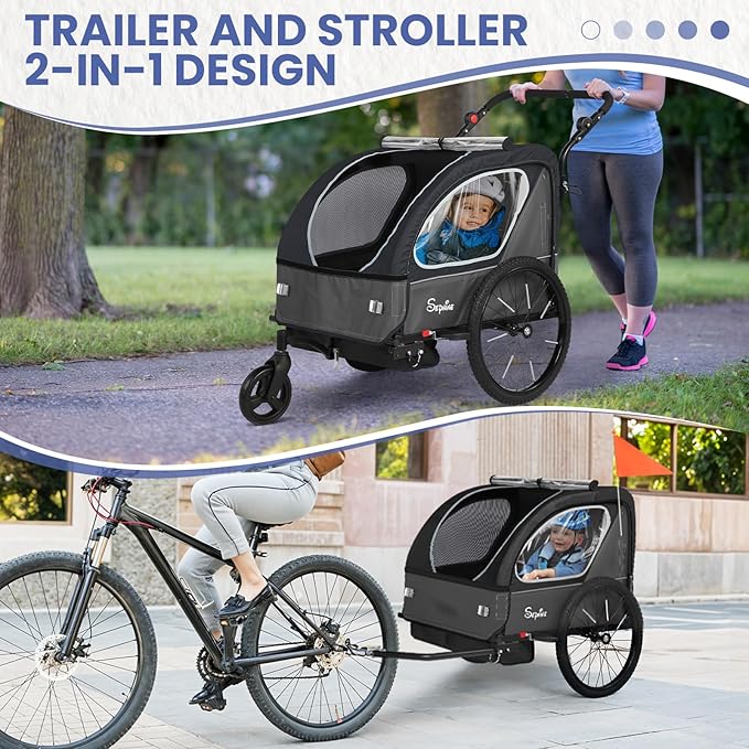 Sepnine Kids Bike Trailer, 2 in1 Canopy Carrier Converts to Pushcart Suitable for 1 to 2 Toddlers, Kids, Quick Attach to Bike, Foldable, with 5-Point Harness and Storage Bags