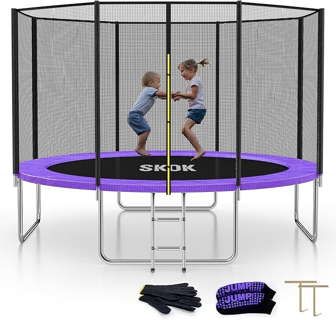 SKOK Trampoline 8FT 10FT 12FT 14FT 15FT Trampolines with Enclosure Net, 400LBS Outdoor Trampolines for Kids with Basketball Hoop-ASTM Approved Trampoline for Children and Adults with Ladder