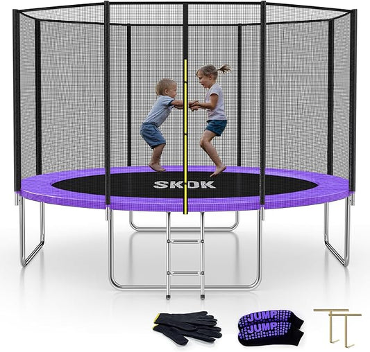 SKOK Trampoline 8FT 10FT 12FT 14FT 15FT Trampolines with Enclosure Net, 400LBS Outdoor Trampolines for Kids with Basketball Hoop-ASTM Approved Trampoline for Children and Adults with Ladder