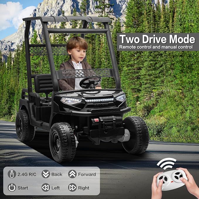 24V 2 Seater Kids Ride on Car, 4WD Golf Cart with Parent Remote Control, 4x4 Motors Ride on Truck with Roof, Toddler Electric Vehicle with Storage Box, Foot Pedal, Music Player, Lights, Horn, Black