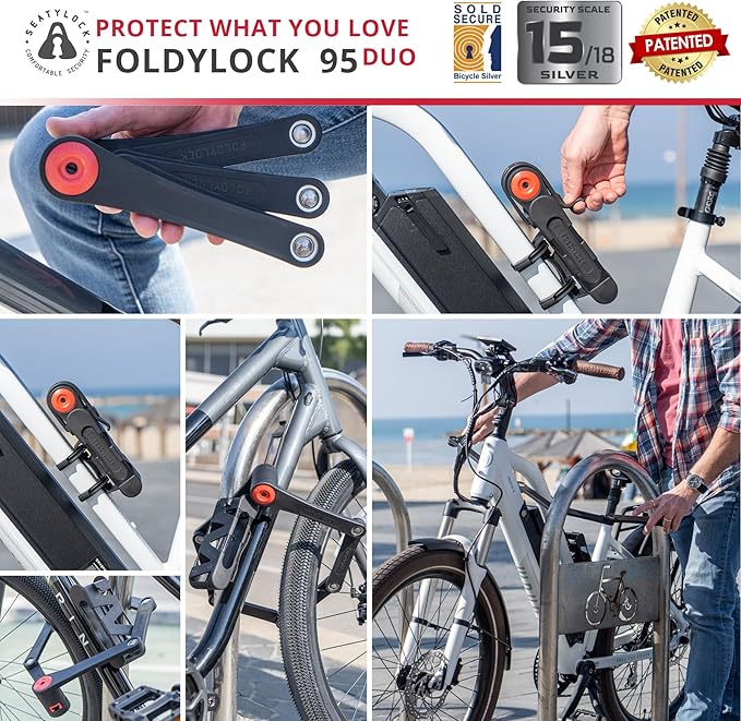 Seatylock FoldyLock Classic 95 Folding Bike Lock Set - Patented 2 Matching Bicycle Locks with 6 Identical Keys - Heavy Duty Anti Theft Secure - Guard with Keys & Case Mount - 37.4"