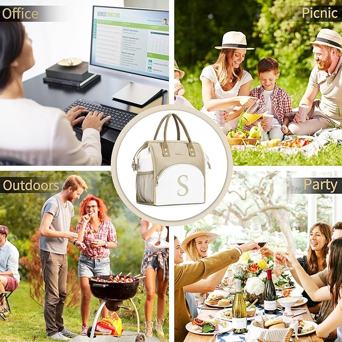 Personalized Lunch Box for Women, Initial Reusable Insulated Lunch Bag, Wide-Open Adult Lunchbox Cooler Lunchbag, Leakproof Lunch Tote for Picnic Work Outdoors, Christmas Gift for Women, Brown - F