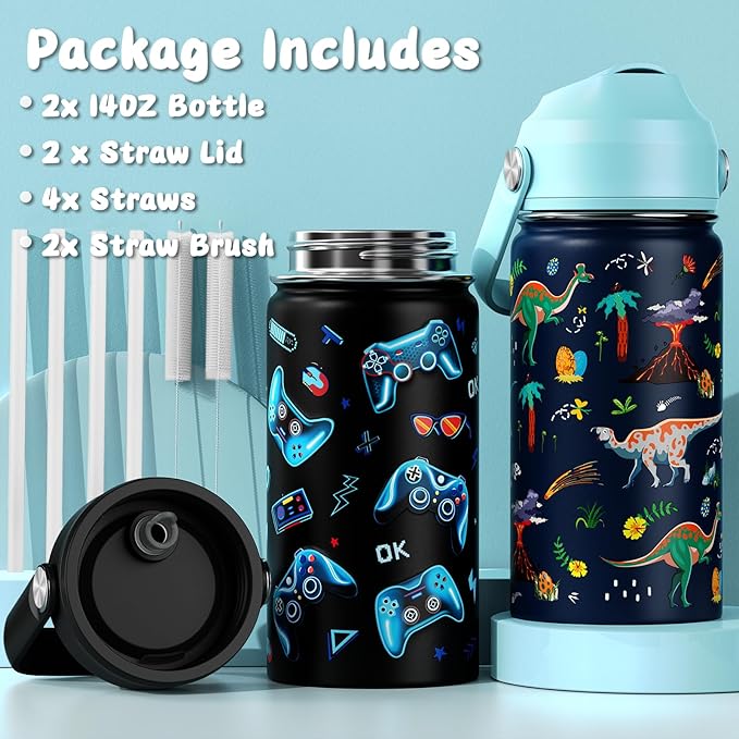 14oz Kids Insulated Water Bottle with Straw Lid - 18/8 Stainless Steel Kid Cup Travel Tumbler Double Wall Vacuum Leak Proof Portable Toddler Water Bottle (Game + Dinosaur)