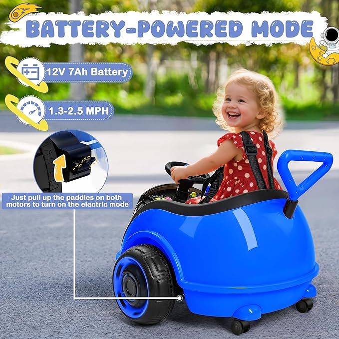 ANPABO 3-in-1 Electric Push Ride On Car, 12V Kids Ride On Toy w/Remote Control, 360° Spin, 5-Point Safety Belt, Colorful LED Light, Music Player, Push Car for Toddler Ages 1-3 (Blue)