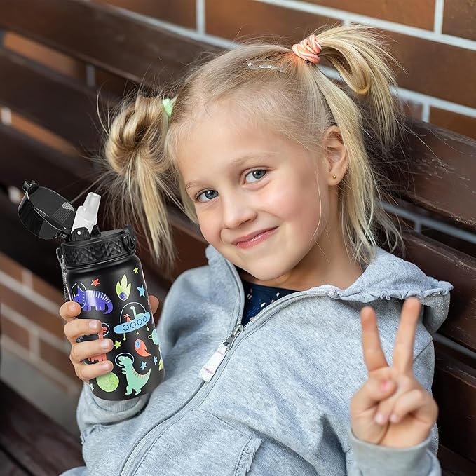 GOPPUS Kids Water Bottle (Straw Lid) - 14 Oz Stainless Steel Travel Bottle, Double Wall Vacuum Leak Proof Kids Cup for School Boys Girls,Space dinosaur