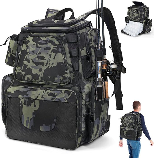 Anpress 38L Fishing Tackle Backpack with 2 Rod Holder Waterproof Large Storage Outdoor Tackle Bag Fishing Rucksack Bag for 4 Trays, Tackle Storage Backpack for Camping Hiking Traveling Cycling