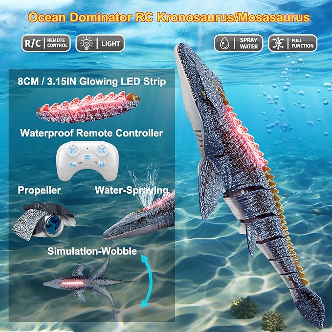 Remote Control Mosasaurus Dinosaur Toys for Boys Kids, Rechargable Swimming Pool High Simulation Toys, Electric RC Sea Monster with Light & Spray Water Birthday Gift for Ages 3 4 5 6 7 8 9