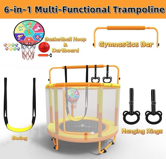 LANGXUN 60" Trampoline for Kids, 5ft Toddler Mini 6-in-1 Trampoline Indoor Outdoor with Swing, Basketball Hoop, Dart Board, Rings, Christmas Toys Birthday Gifts for Girls Boys
