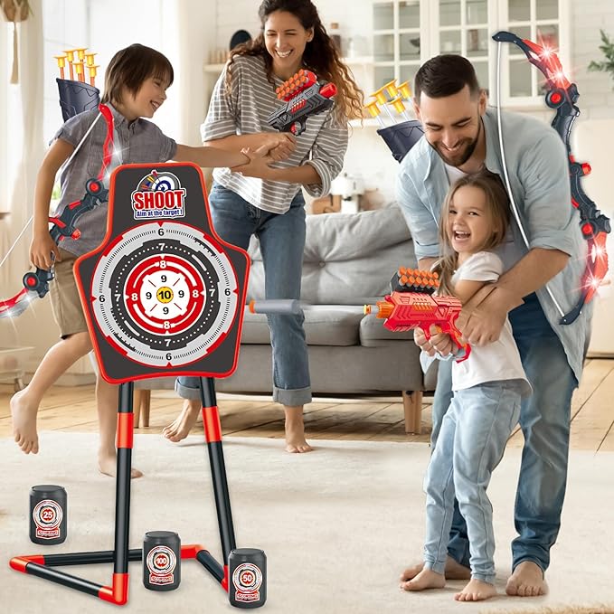 SpringFlower 2 Bow and Arrow Sets with LED Light-up,2 Foam Dart Guns for Kids 5 6 7 8 9 10+ Years Old, Archery Set with Standing Target for Boys & Girl, Ideal Gift