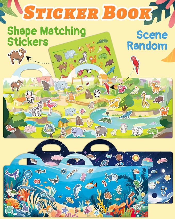 Benresive Reusable Sticker Book for Toddlers 2-4 Years, 3 Sets Travel Stickers for Kids, Waterproof Sticker Books for Toddlers 1-3, Crafts Activities for Todddlers 1-3 2-4 3-5
