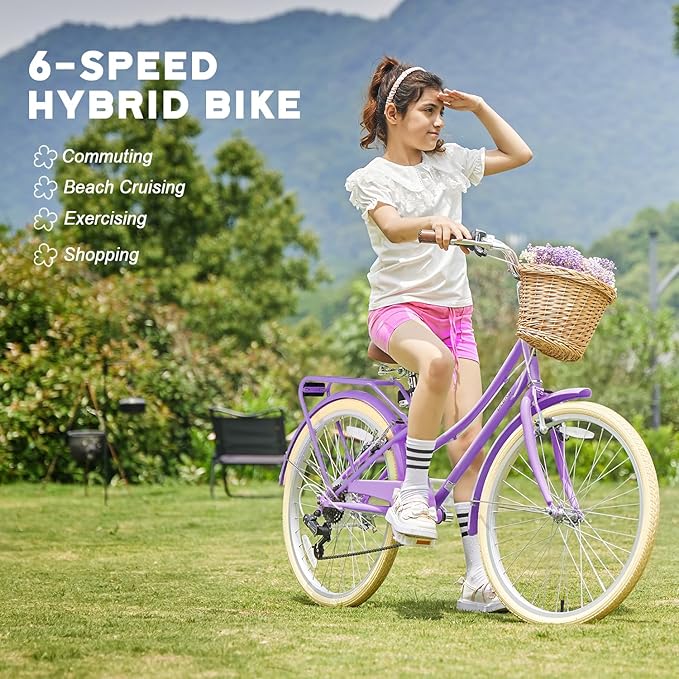 Glerc 20 24 26 Inch Beach Cruiser Bike, 6-Speed Hybrid City Bicycle for Girls Youth and Over 6 Years Old, Missy Bike with Wicker Basket & Lightweight, Multiple Colors