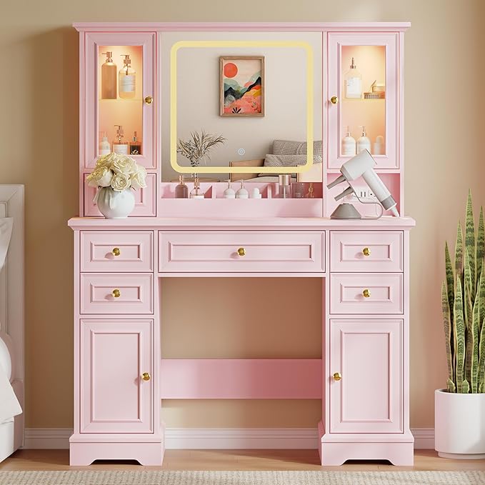 43'' Makeup Vanity with Mirror and Lights, Farmhouse Vanity Desk with Drawers & Charging Station, 3 Lighting Modes & Adjustable Brightness, Glass Cabinet, Dressing Table for Bedroom, Pink