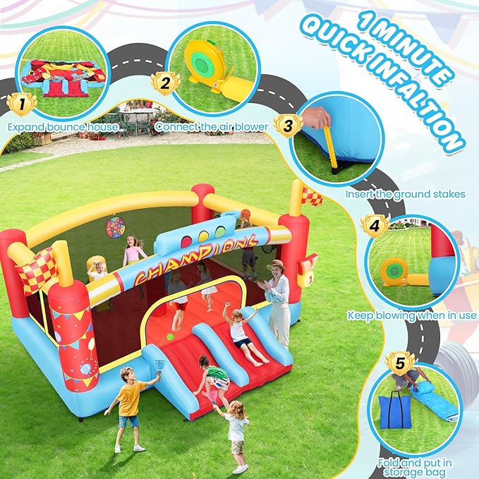 Big Inflatable Obstacle Bounce House for Big Kids, 13FT Outdoor Inflatable Bouncers, Double Basketball Hoop,Throw Ball Game,Punching Game,Jumping Bouncy Castle (Extra Large NO Blower)