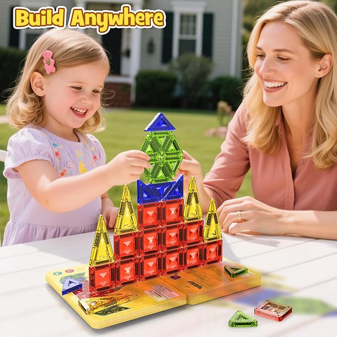 Mini Magnetic Tiles Travel Set - 40PCS Diamond Texture Magnetic Building Blocks for Kids, 10% Thicker & Portable Yellow Metal Storage Box, Montessori STEM Educational Toys Gift for Ages 3+