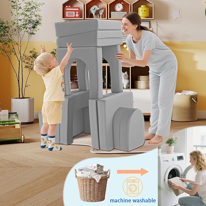 12Pcs Modular Kids Play Couch Multifunctional Foam Toddler Sofa Convertible Kids Sofa Playroom Bedroom Furniture Floor Foam Explorer Couch with Building Fort Feature for Boys and Girls (light gray)