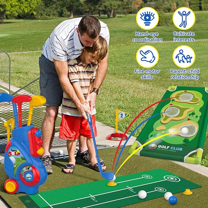 Liberry Toddler Golf Set for 2 3 4 5 Years Old Boys Girls, Upgraded Kids Golf Cart with Golf Cornhole Board & Putting Mat, Indoor and Outdoor Golf Toys Birthday Gift